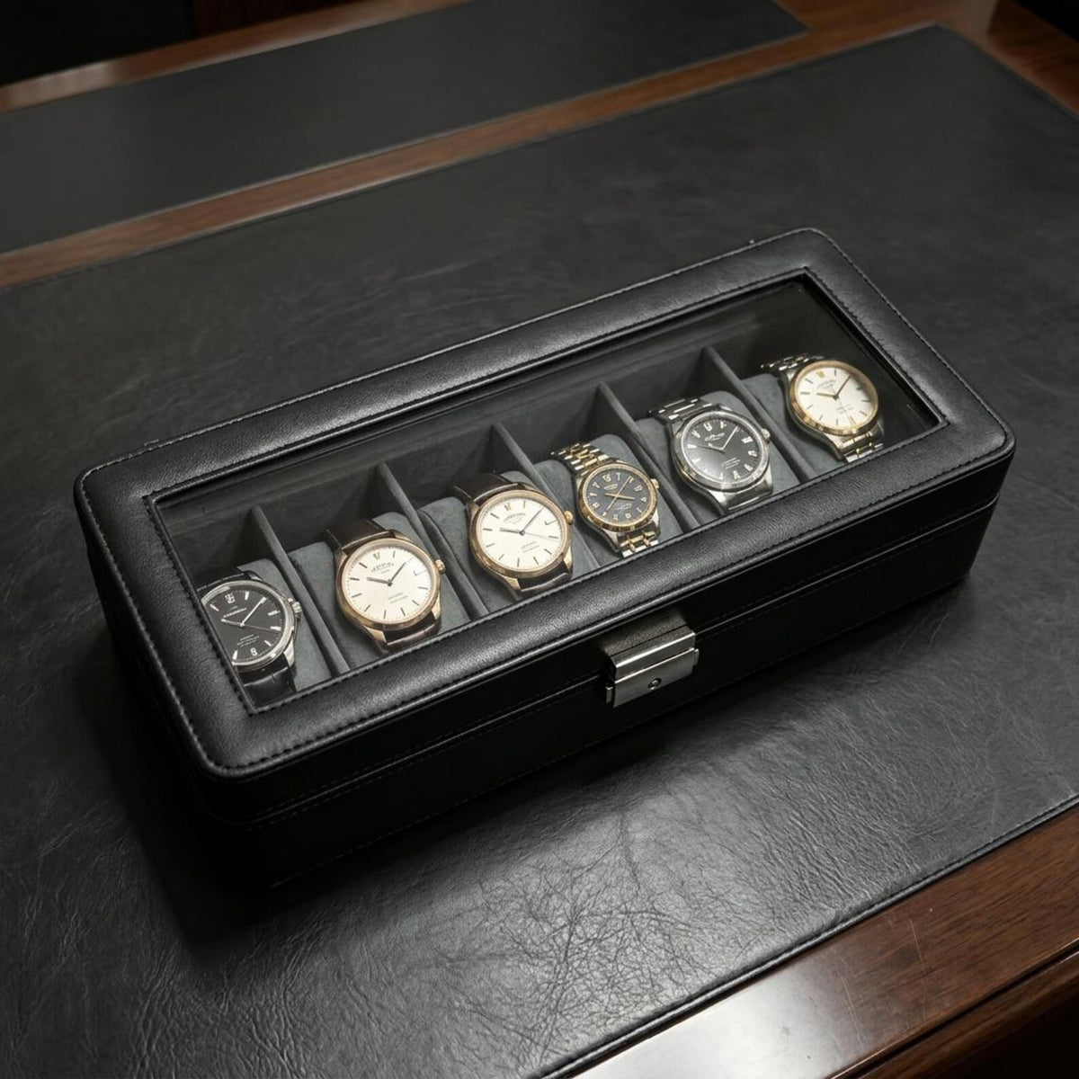 Luxury 6 Slot Leather Watch Box Set | Lockable Watch Display Case with Clear Window + Bracelet Organizer | Premium Gift for watch collectors