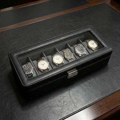 Luxury 6 Slot Leather Watch Box Set | Lockable Watch Display Case with Clear Window + Bracelet Organizer | Premium Gift for watch collectors