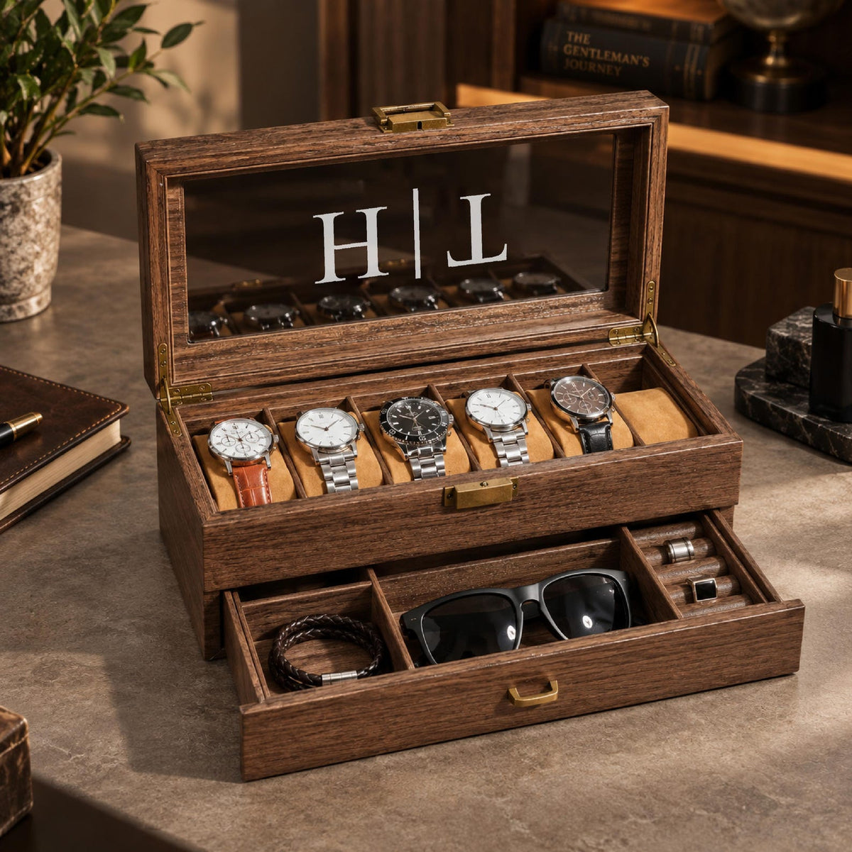 Personalized Watch Box for Men, Engraved Wooden Watch Organizer with Jewelry Drawer, Christmas Gift for Husband, Dad, Boyfriend