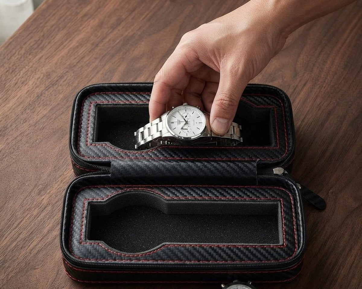 Black Leather Watch Travel Case with Zipper Pocket for Two Watches Portable Organizer Box