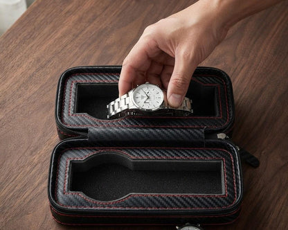 Black Leather Watch Travel Case with Zipper Pocket for Two Watches Portable Organizer Box