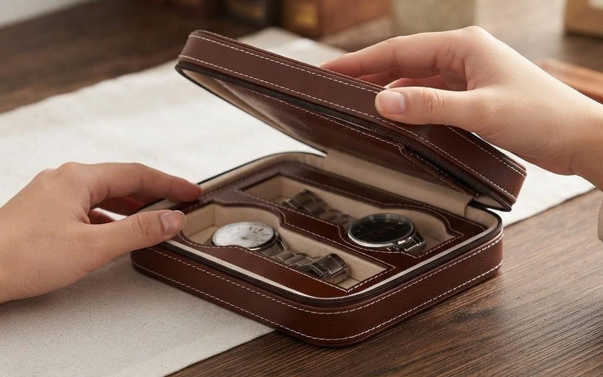 Black Leather Watch Travel Case with Zipper Pocket for Two Watches Portable Organizer Box