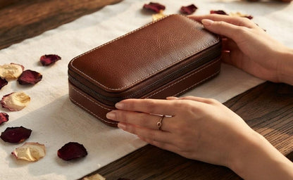 Black Leather Watch Travel Case with Zipper Pocket for Two Watches Portable Organizer Box