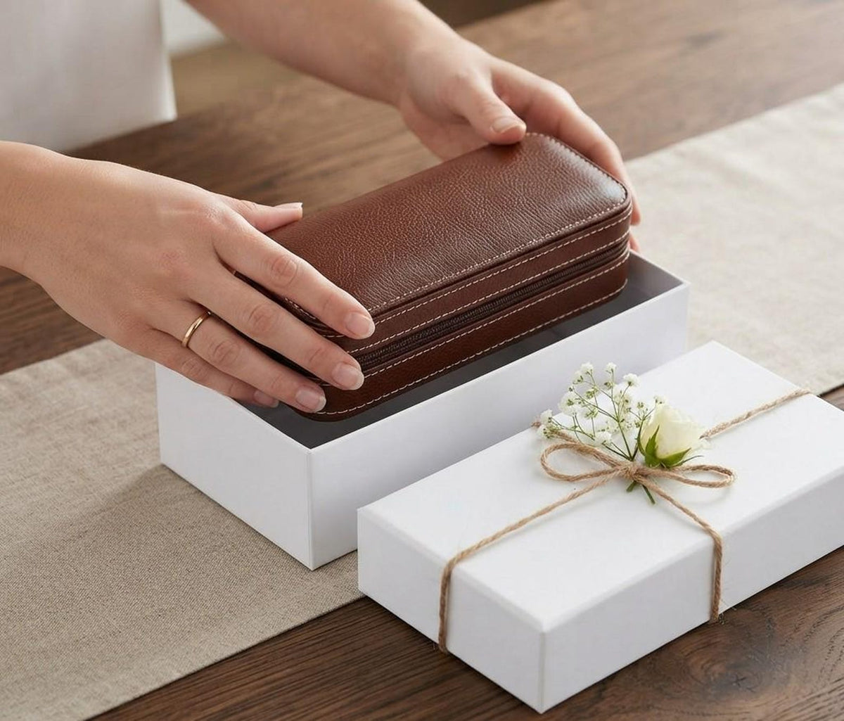 Black Leather Watch Travel Case with Zipper Pocket for Two Watches Portable Organizer Box