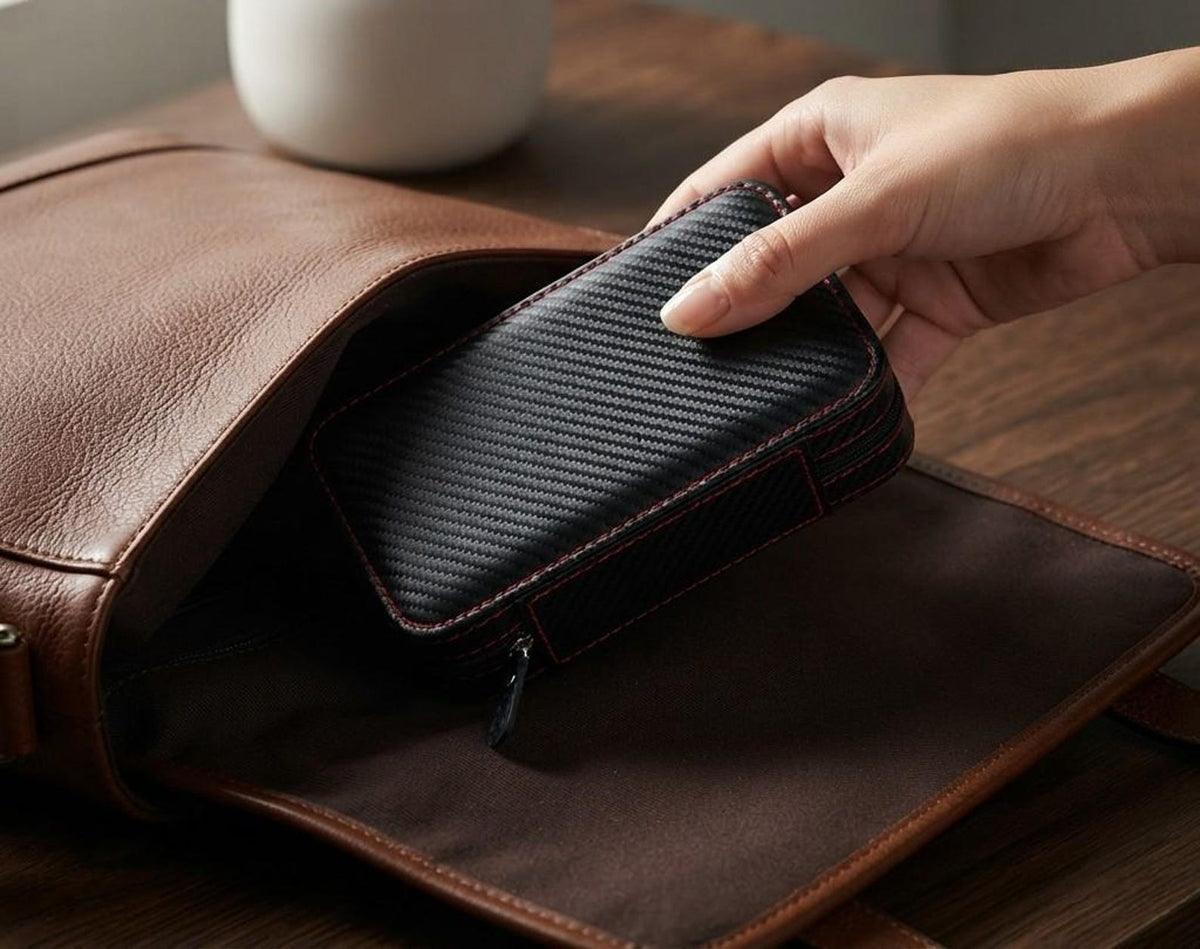 Black Leather Watch Travel Case with Zipper Pocket for Two Watches Portable Organizer Box