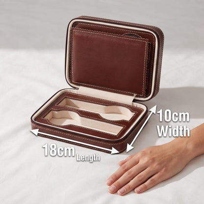 Black Leather Watch Travel Case with Zipper Pocket for Two Watches Portable Organizer Box