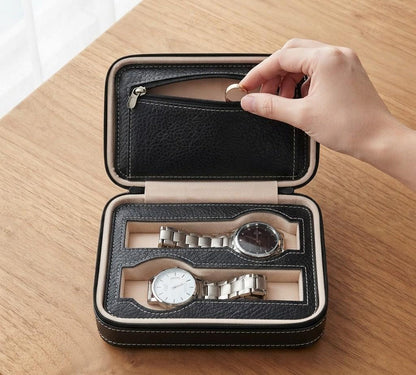 Black Leather Watch Travel Case with Zipper Pocket for Two Watches Portable Organizer Box