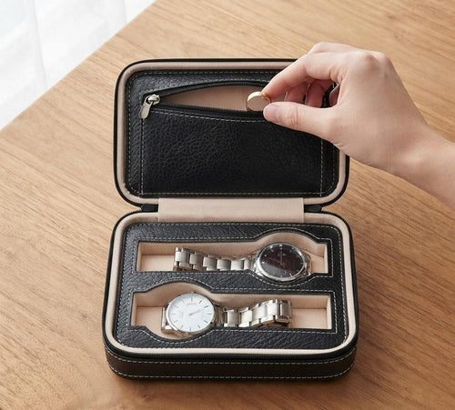 Black Leather Watch Travel Case with Zipper Pocket for Two Watches Portable Organizer Box