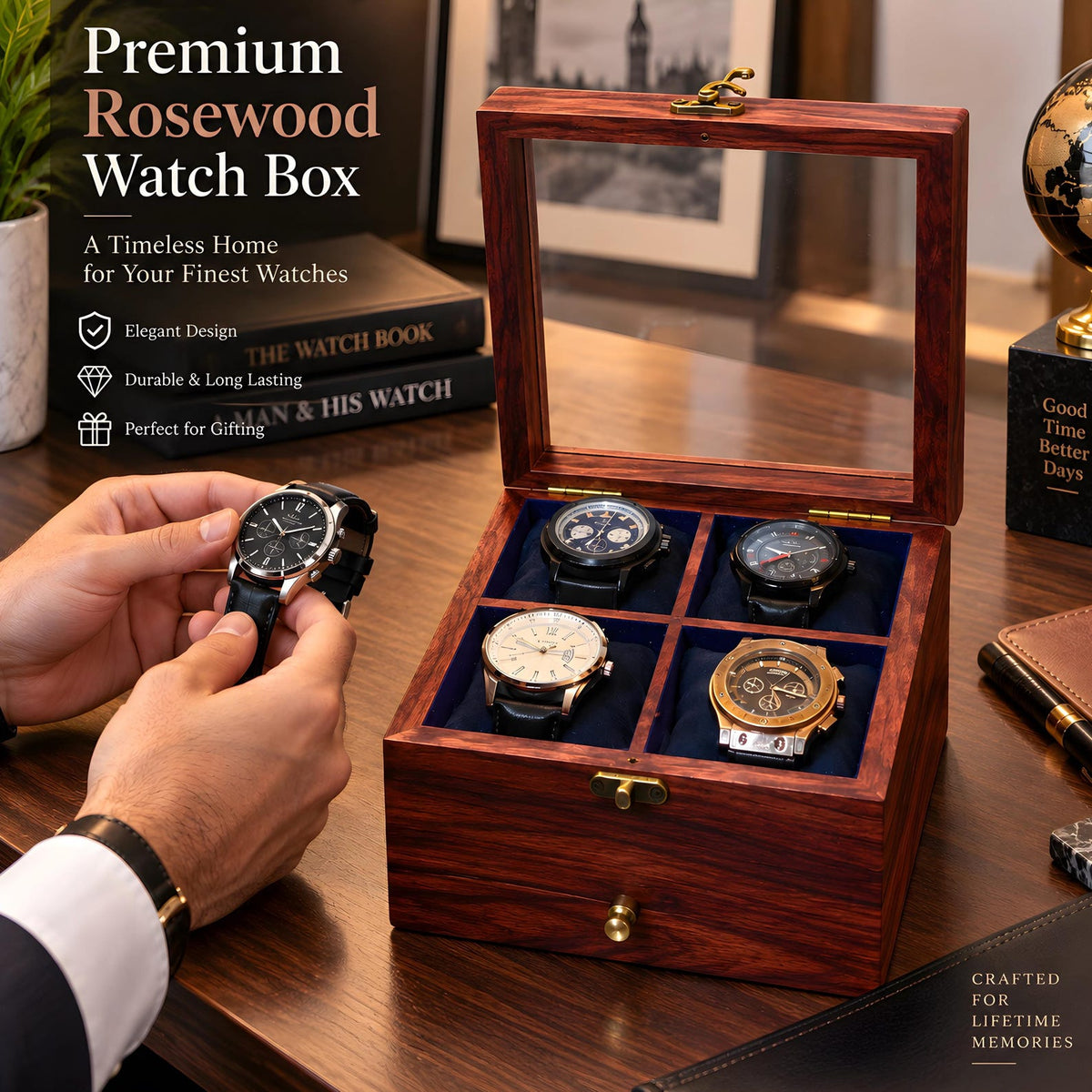 Custom Father's Day Gift, Free Personalized Rosewood watch box with drawer, Watch case for men, Superior Wooden Watch Box, Best Gift for him