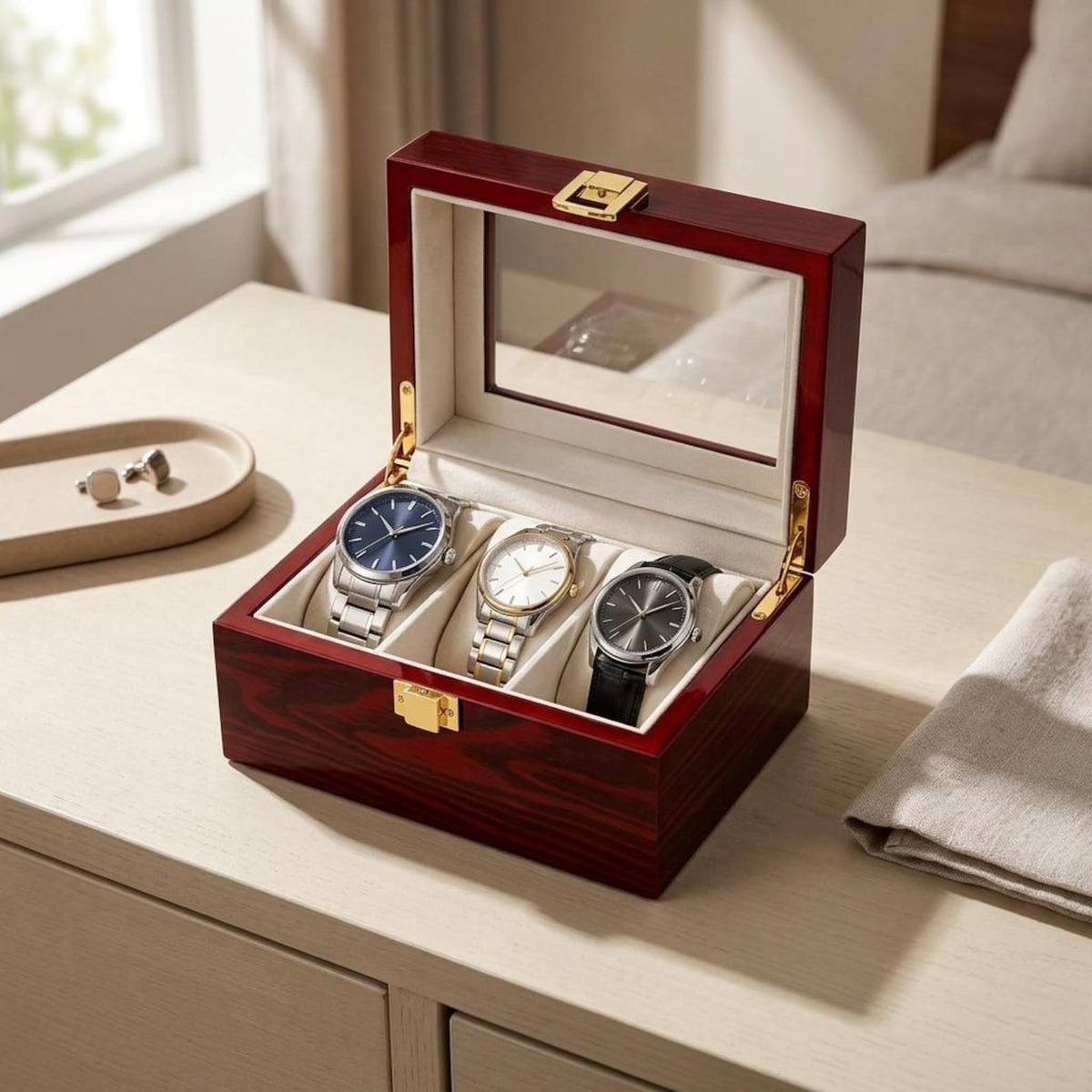 Wooden Watch Box Organizer, 3 Watch Holder Case, Glass Display, Mens Watch Storage, Wood Jewelry Organizer, Gift for Men, Husband Boyfriend