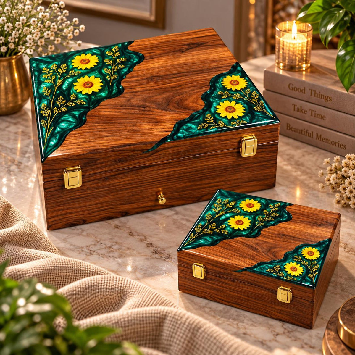 Personalized Rosewood Watch Box, Floral Resin Watch Organizer, Luxury Anniversary Gift for Him
