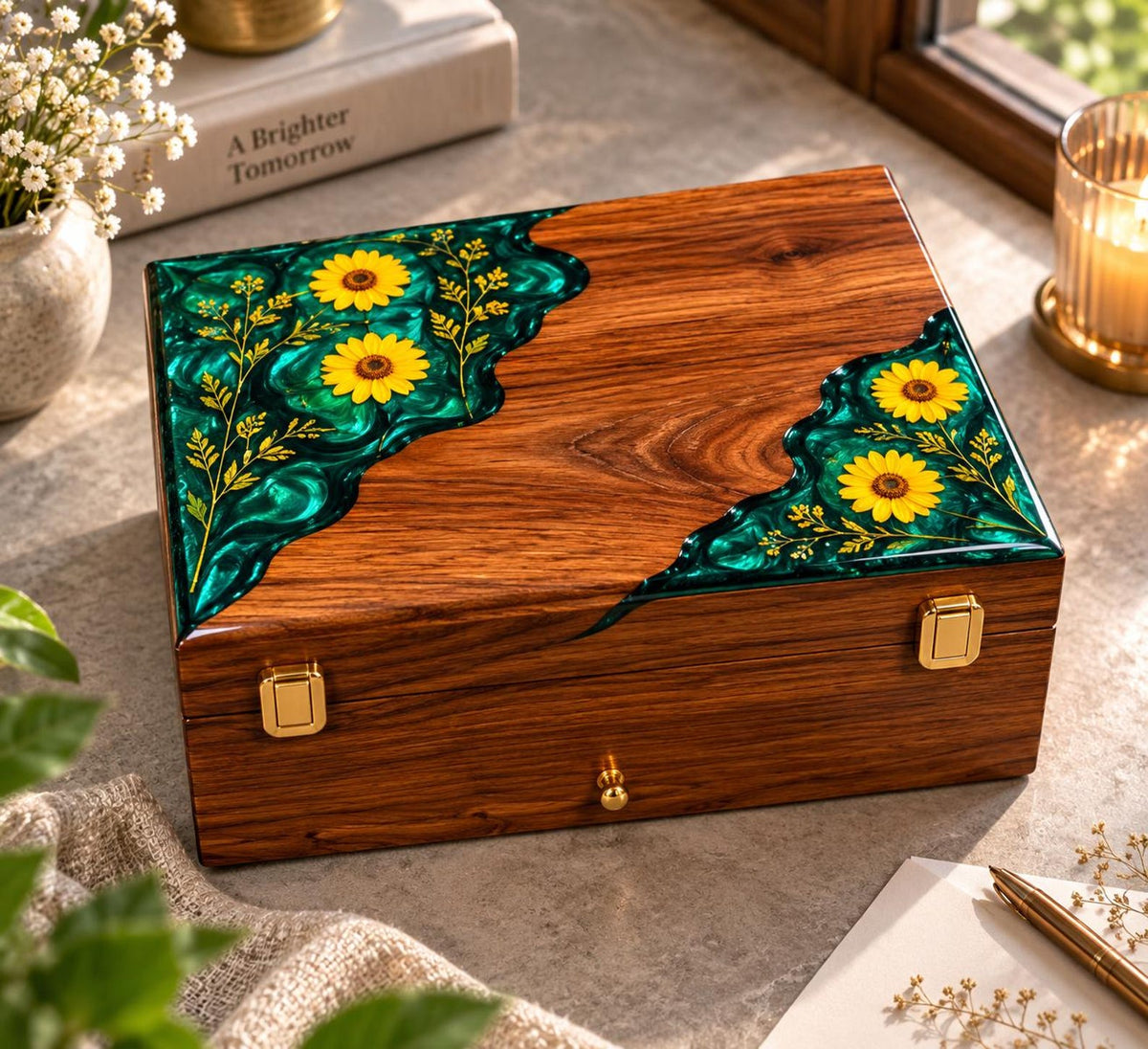 Personalized Rosewood Watch Box, Floral Resin Watch Organizer, Luxury Anniversary Gift for Him