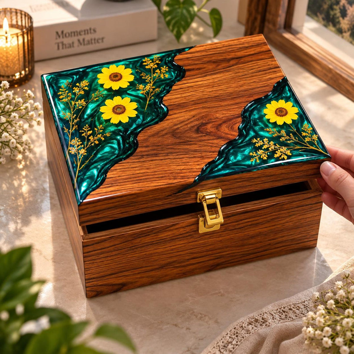 Personalized Rosewood Watch Box, Floral Resin Watch Organizer, Luxury Anniversary Gift for Him