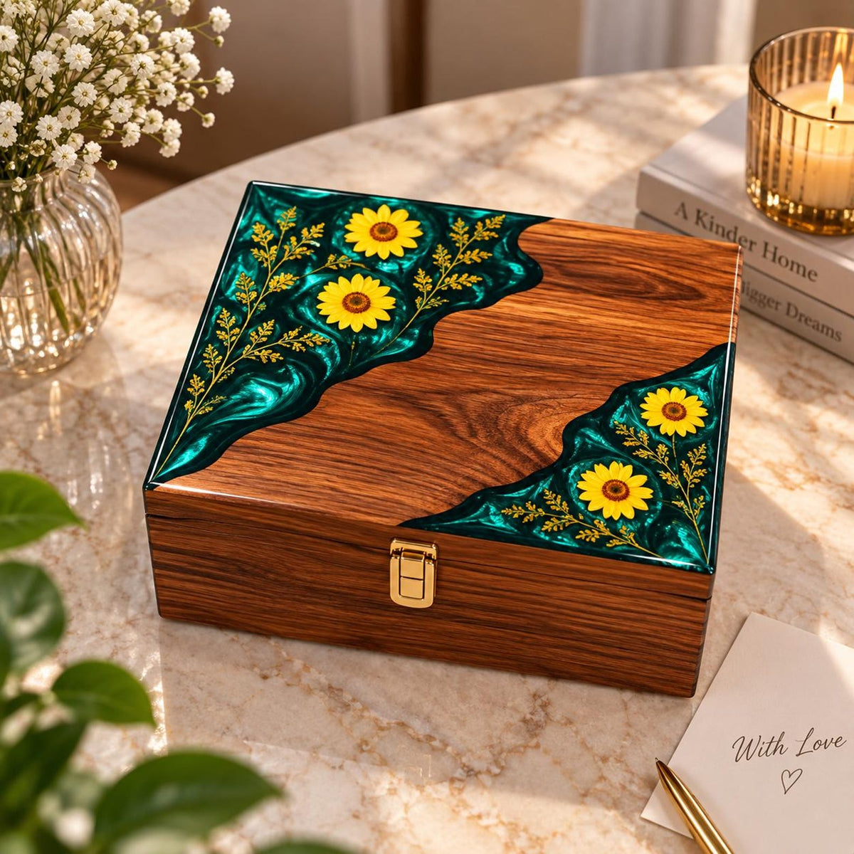 Personalized Rosewood Watch Box, Floral Resin Watch Organizer, Luxury Anniversary Gift for Him
