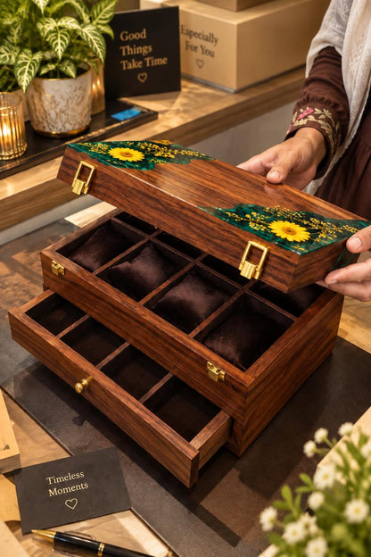 Personalized Rosewood Watch Box, Floral Resin Watch Organizer, Luxury Anniversary Gift for Him