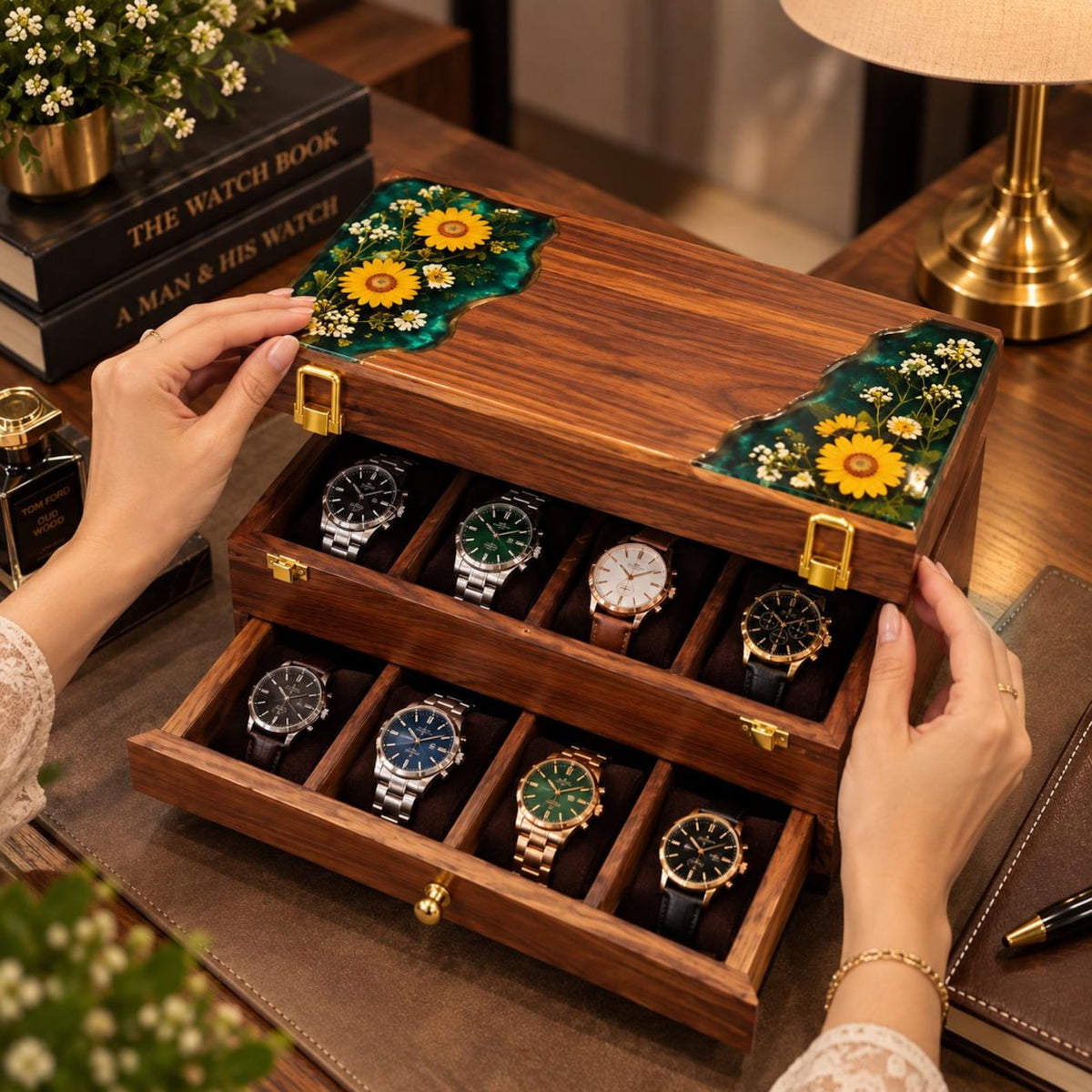 Personalized Rosewood Watch Box, Floral Resin Watch Organizer, Luxury Anniversary Gift for Him
