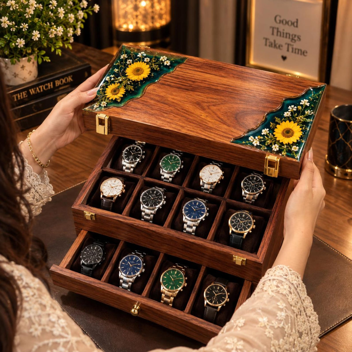 Personalized Rosewood Watch Box, Floral Resin Watch Organizer, Luxury Anniversary Gift for Him