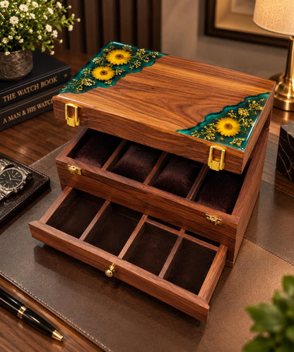 Personalized Rosewood Watch Box, Floral Resin Watch Organizer, Luxury Anniversary Gift for Him