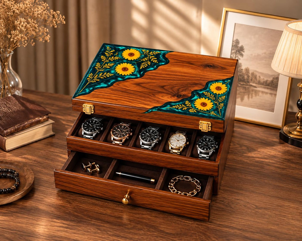 Personalized Rosewood Watch Box, Floral Resin Watch Organizer, Luxury Anniversary Gift for Him