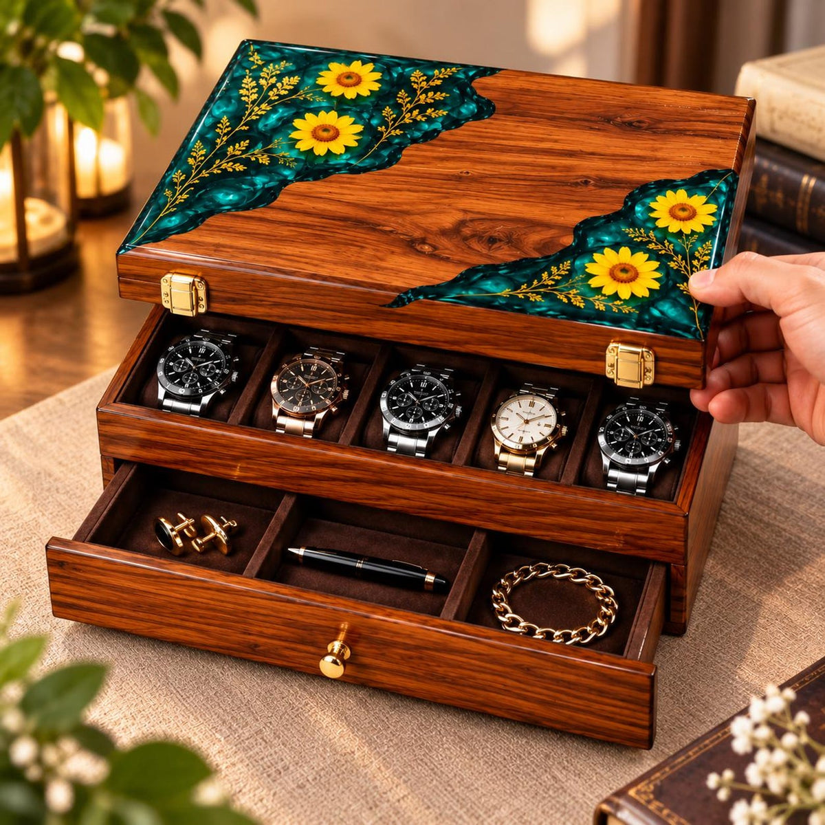 Personalized Rosewood Watch Box, Floral Resin Watch Organizer, Luxury Anniversary Gift for Him