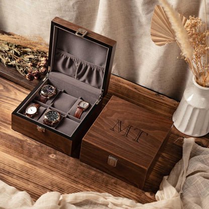 Personalized Walnut Wood Gift Box, Engraved Monogram Watch Box Case for Him, 6 Slots Watch Box with Lock, Birthday Gifts For Best Friend
