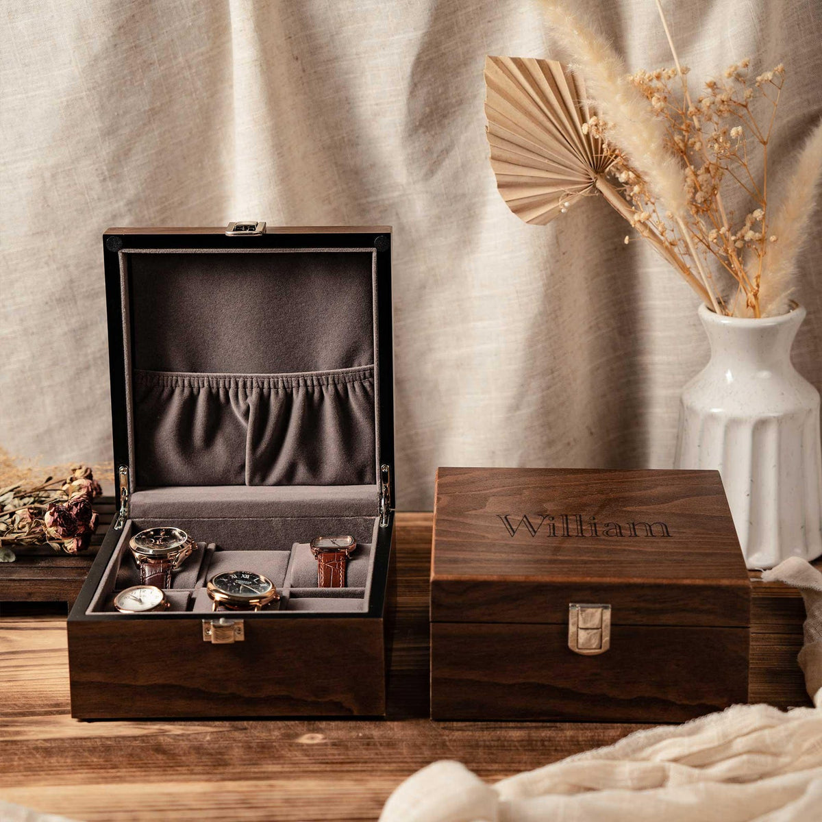 Personalized Walnut Wood Gift Box, Engraved Monogram Watch Box Case for Him, 6 Slots Watch Box with Lock, Birthday Gifts For Best Friend