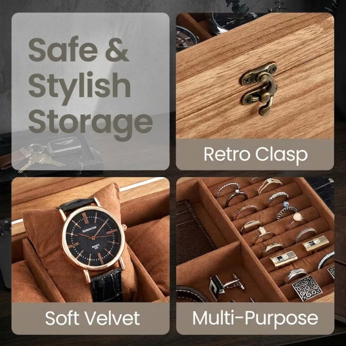 Wooden Watch Box – 12 Slot, 2-Tier Display with Glass Lid & Drawer Organizer