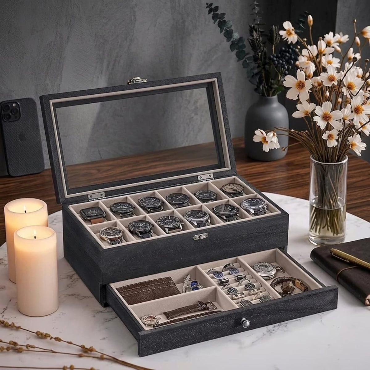 Wooden Watch Box – 12 Slot, 2-Tier Display with Glass Lid & Drawer Organizer