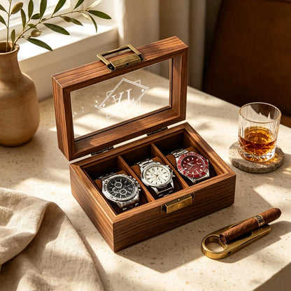 Personalised Wooden Watch Box, Custom Name Watch Box For 1 2 3 6 10 Watches, Luxury Gift For Him, Bespoke Watch Storage Box