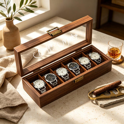 Personalised Wooden Watch Box, Custom Name Watch Box For 1 2 3 6 10 Watches, Luxury Gift For Him, Bespoke Watch Storage Box