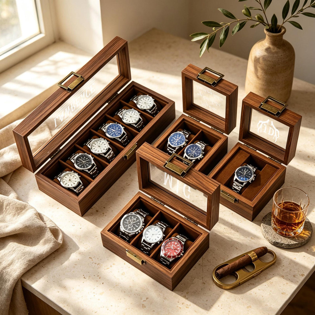 Personalised Wooden Watch Box, Custom Name Watch Box For 1 2 3 6 10 Watches, Luxury Gift For Him, Bespoke Watch Storage Box