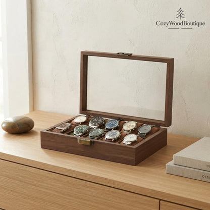 Wooden Watch Box for Men, Glass Top Timepiece Organizer, Vintage Acacia Wood Watch Display Case, Luxury Watch Holder, Gift for Him