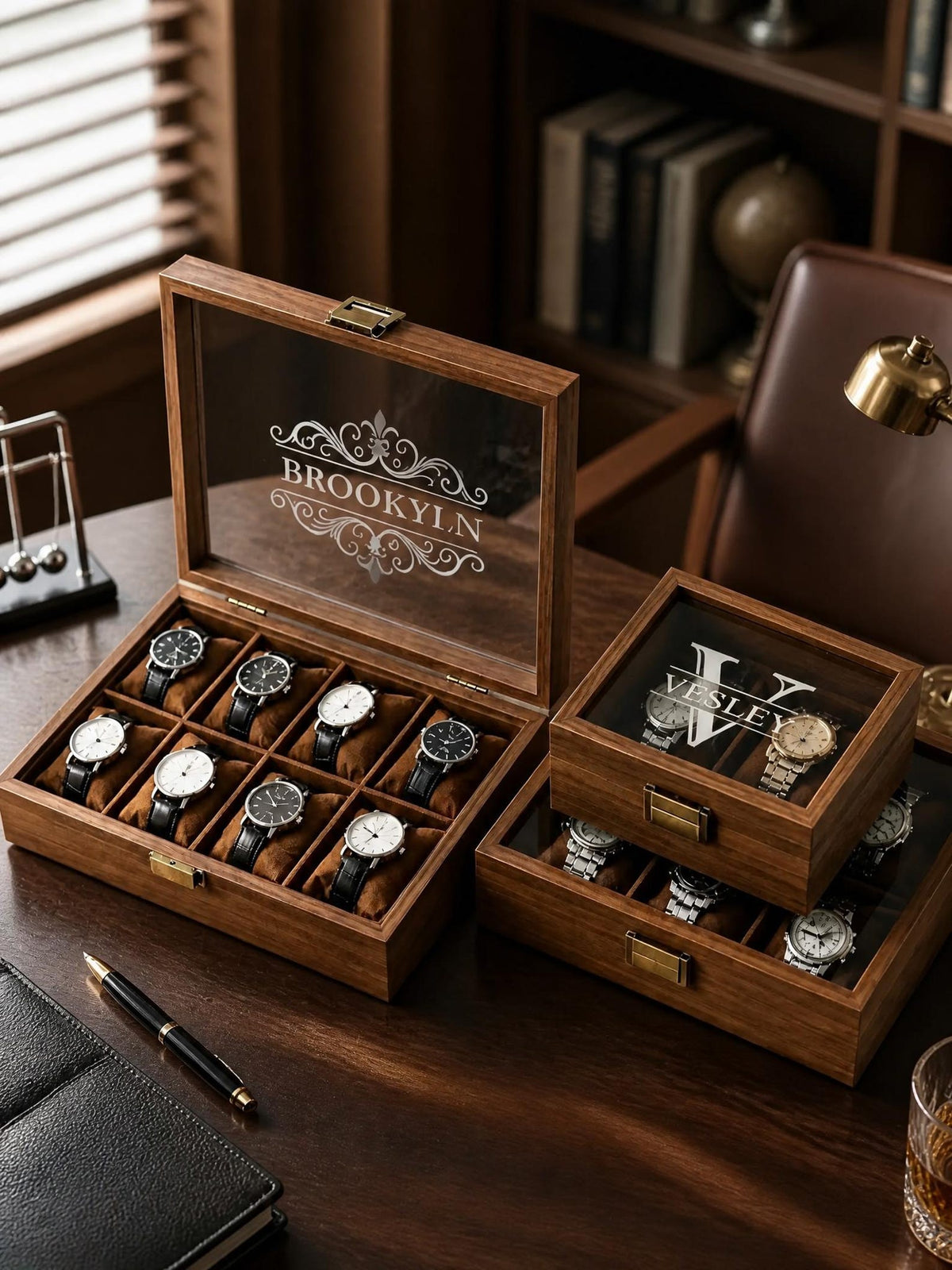 Personalized Wooden Watch Box, Engraved Name, Velvet Interior (1-10 Watches)