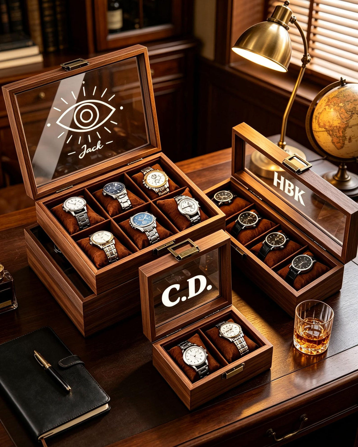 Personalized Wooden Watch Box, Engraved Name, Velvet Interior (1-10 Watches)