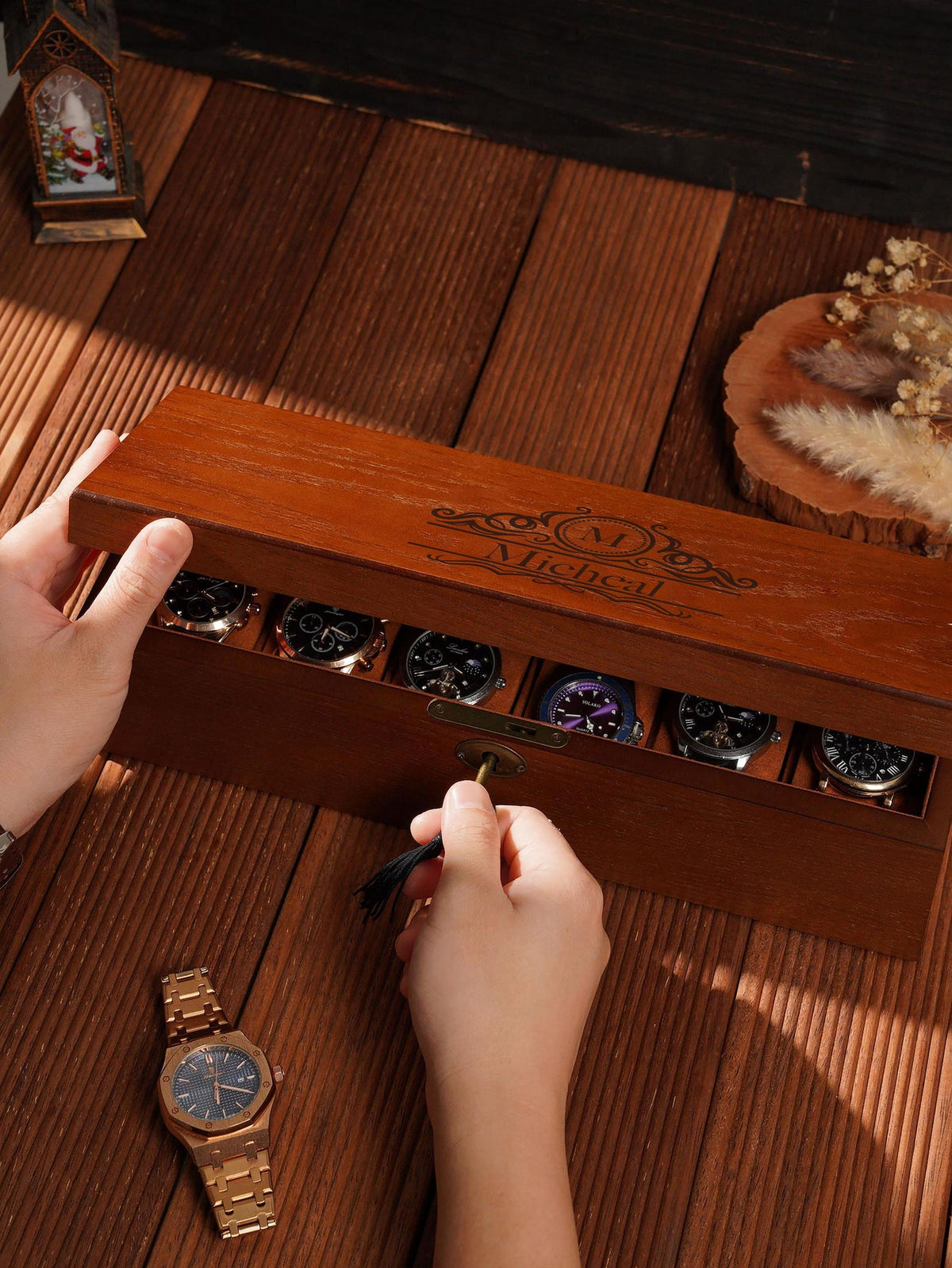 Personalized Wooden Watch Box with Lock & Key, 6 Slot Custom Watch Display Case for Men, Valentine's Day Gift