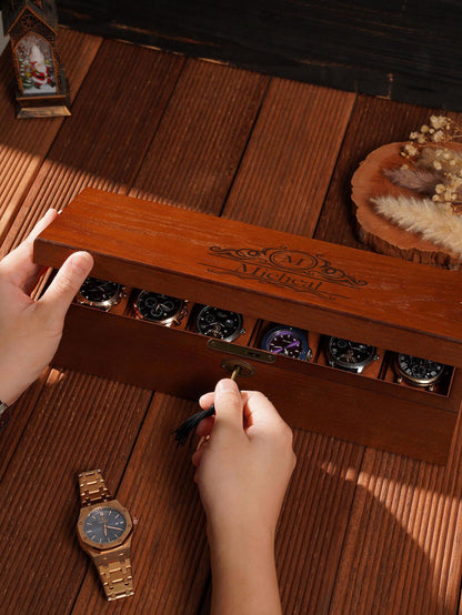 Personalized Wooden Watch Box with Lock & Key, 6 Slot Custom Watch Display Case for Men, Valentine's Day Gift