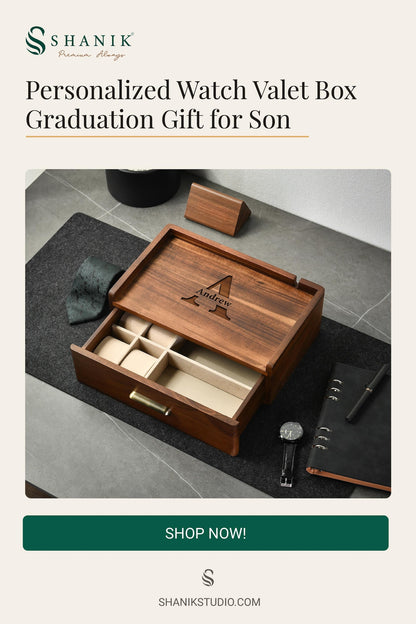 Custom Dresser Organizer for Son Graduation Gift Wooden Accessory Storage Tray Personalized Watch Valet Box Adult Milestone