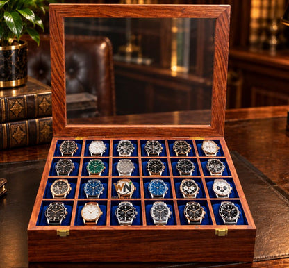 24-Slot Wooden Watch Box with Glass Lid, Velvet Interior, Luxury Storage