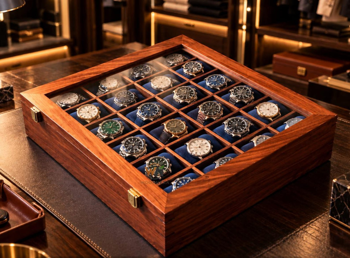 24-Slot Wooden Watch Box with Glass Lid, Velvet Interior, Luxury Storage