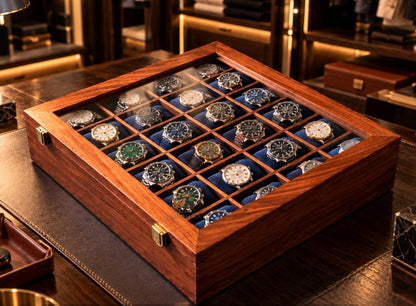 24-Slot Wooden Watch Box with Glass Lid, Velvet Interior, Luxury Storage