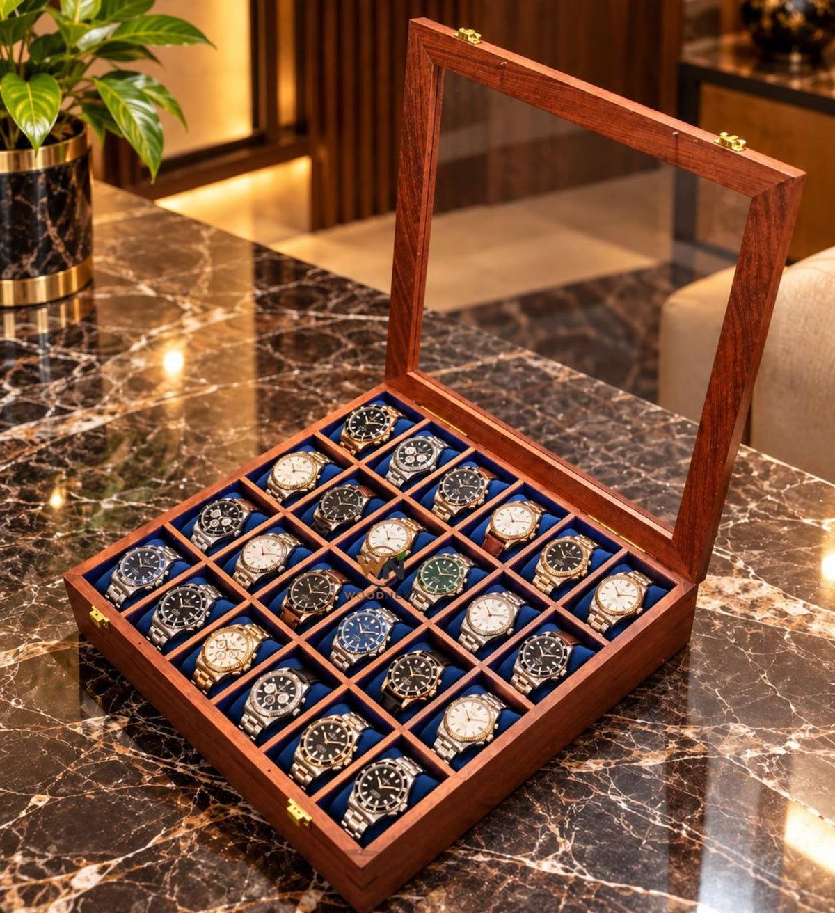 24-Slot Wooden Watch Box with Glass Lid, Velvet Interior, Luxury Storage