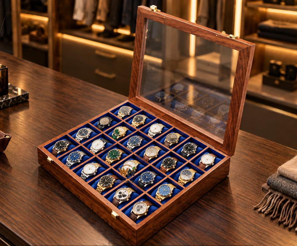 24-Slot Wooden Watch Box with Glass Lid, Velvet Interior, Luxury Storage