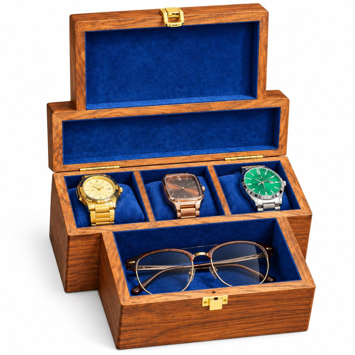 Personalized Wooden Watch Box for Men, 3 Slot Wood Watch and Glasses Organizer, Engraved Anniversary Gift for Husband, Gift for Him