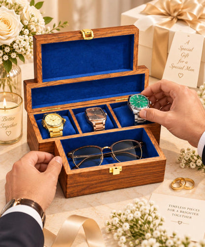 Personalized Wooden Watch Box for Men, 3 Slot Wood Watch and Glasses Organizer, Engraved Anniversary Gift for Husband, Gift for Him