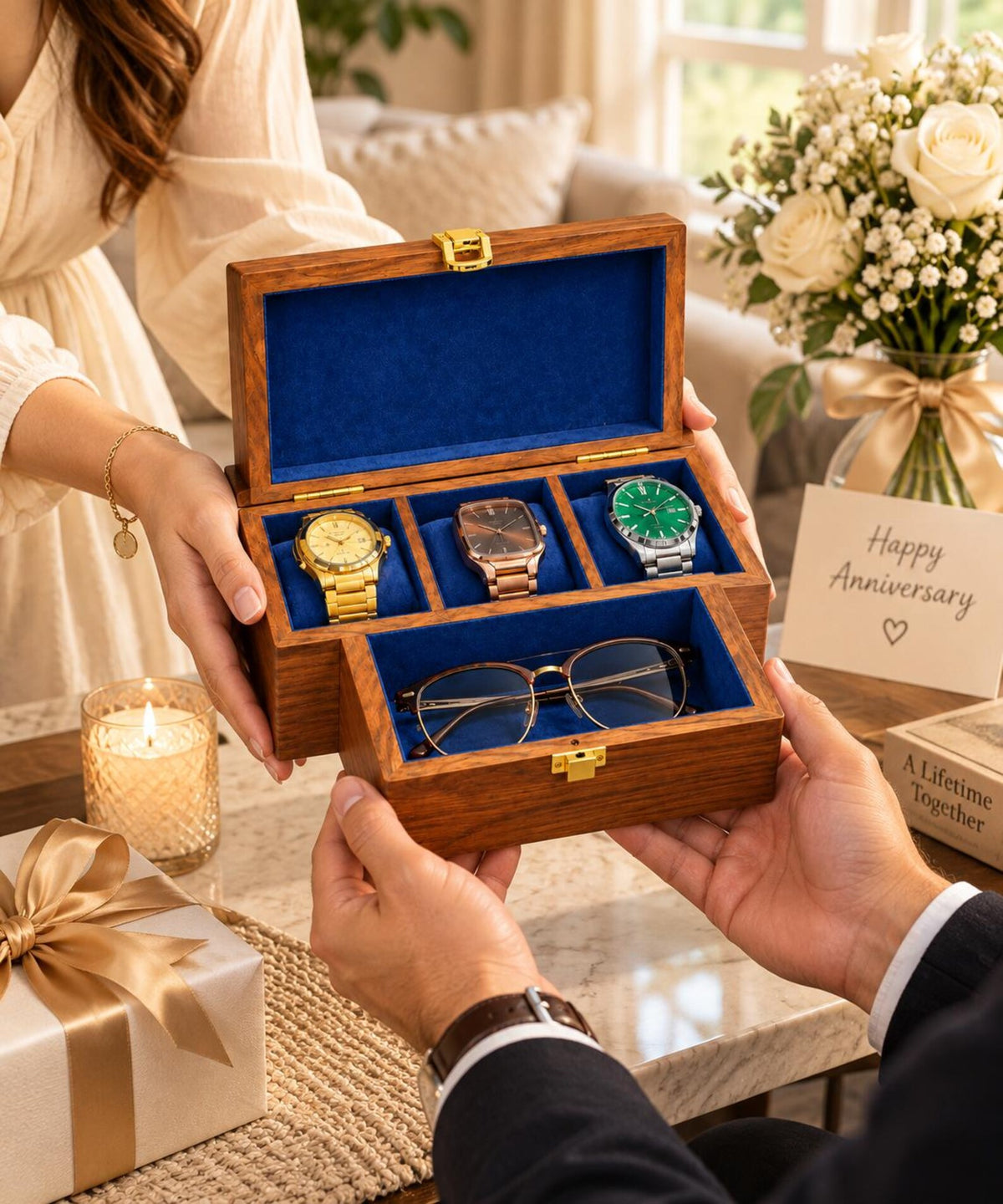 Personalized Wooden Watch Box for Men, 3 Slot Wood Watch and Glasses Organizer, Engraved Anniversary Gift for Husband, Gift for Him