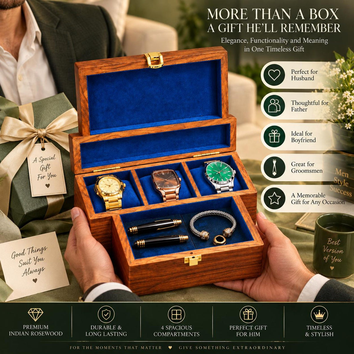Personalized Wooden Watch Box for Men, 3 Slot Wood Watch and Glasses Organizer, Engraved Anniversary Gift for Husband, Gift for Him