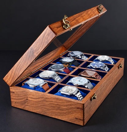 24-Slot Wooden Watch Box with Glass Lid, Velvet Interior, Luxury Storage