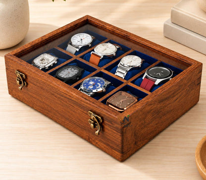 24-Slot Wooden Watch Box with Glass Lid, Velvet Interior, Luxury Storage