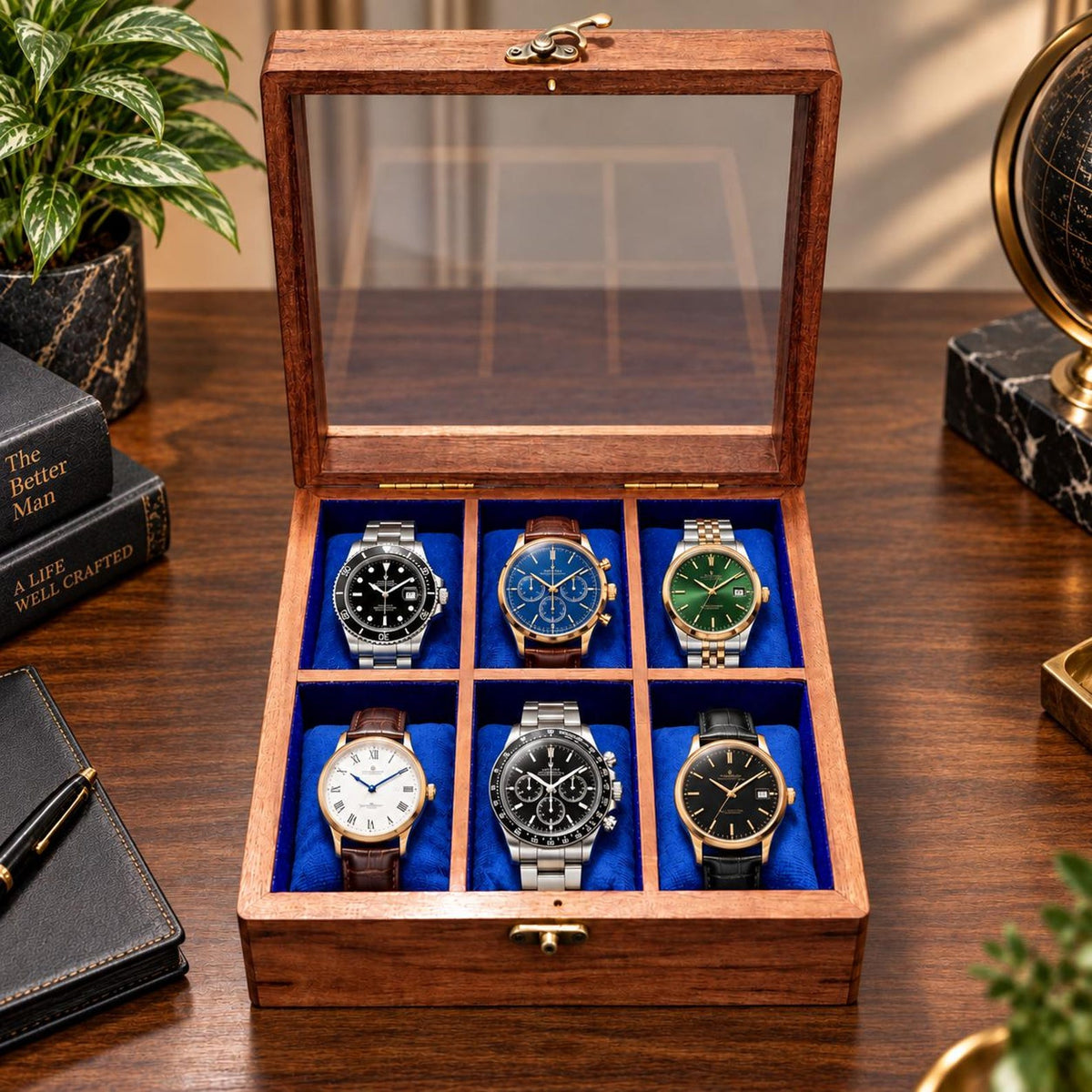 24-Slot Wooden Watch Box with Glass Lid, Velvet Interior, Luxury Storage