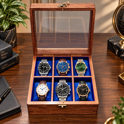 24-Slot Wooden Watch Box with Glass Lid, Velvet Interior, Luxury Storage